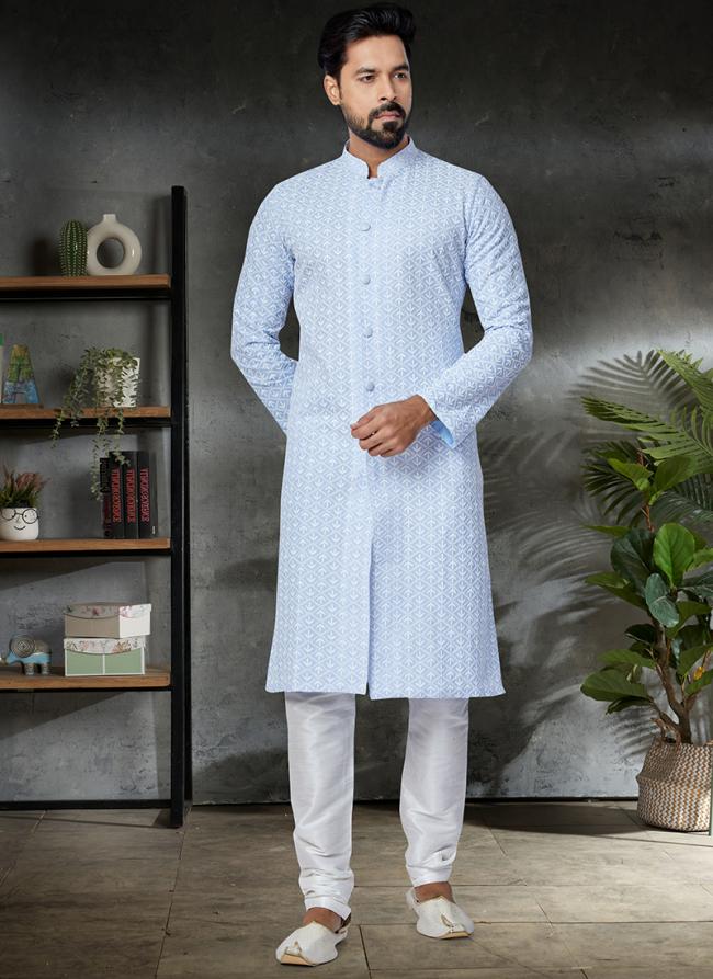 Sky Blue Cotton Festival Wear Embroidery Work Kurta Pajama