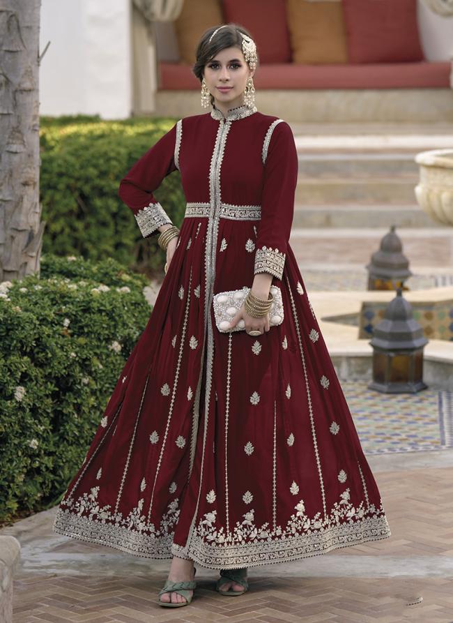 Maroon Georgette Eid Wear Embroidery Work Readymade Salwar Suit