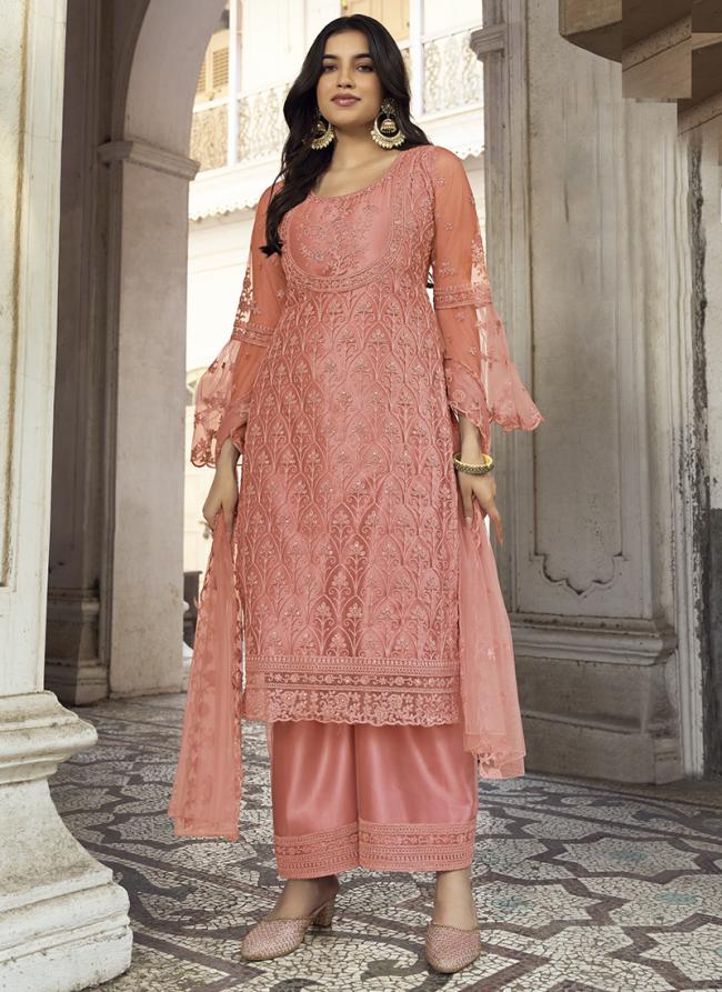 Dark Pink Net Party Wear Embroidery Work Palazzo Suit