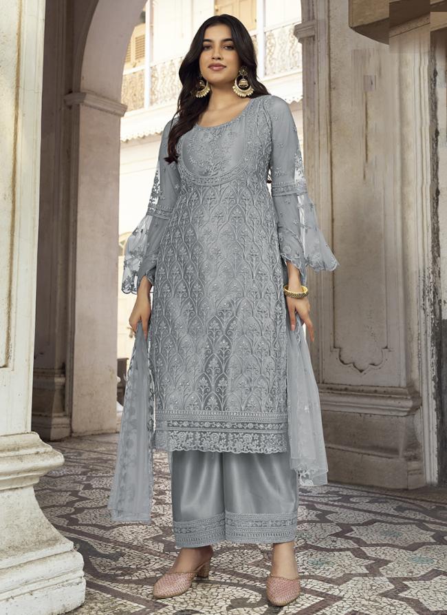 Grey Net Party Wear Embroidery Work Palazzo Suit