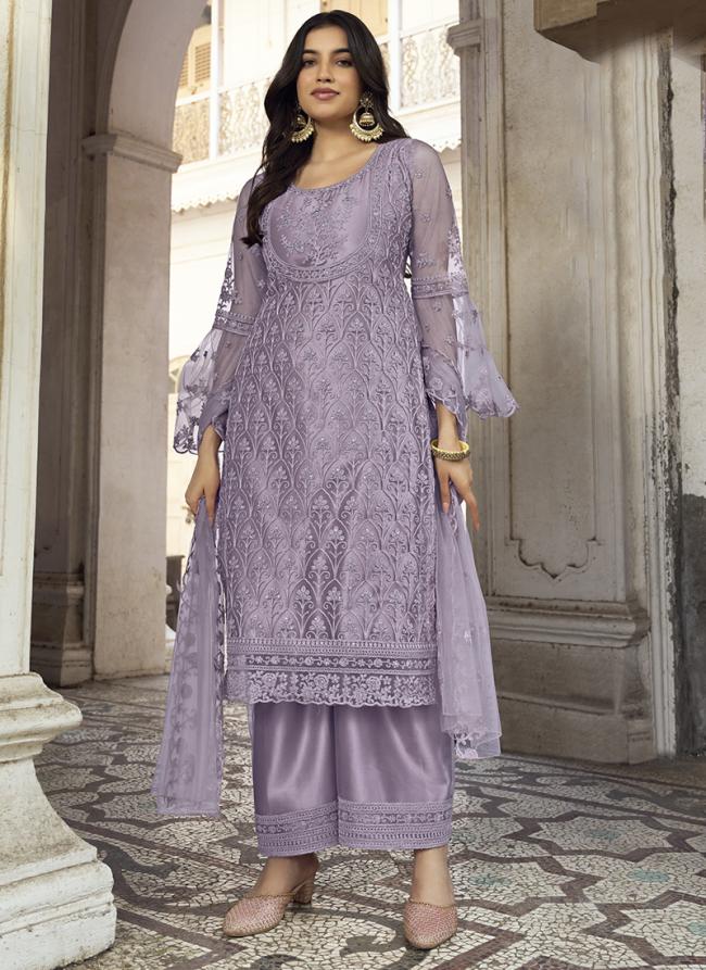 Purple Net Party Wear Embroidery Work Palazzo Suit