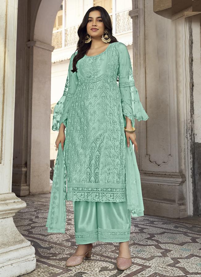 Sky Blue Net Party Wear Embroidery Work Palazzo Suit