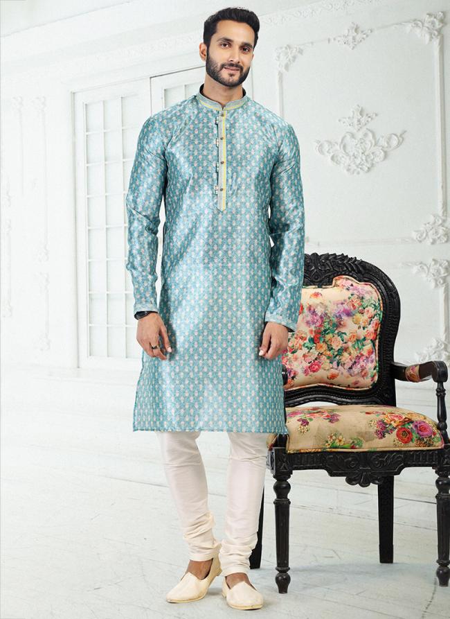 BLUE Banarasi Silk Traditional Wear Digital Printed Kurta Pajama