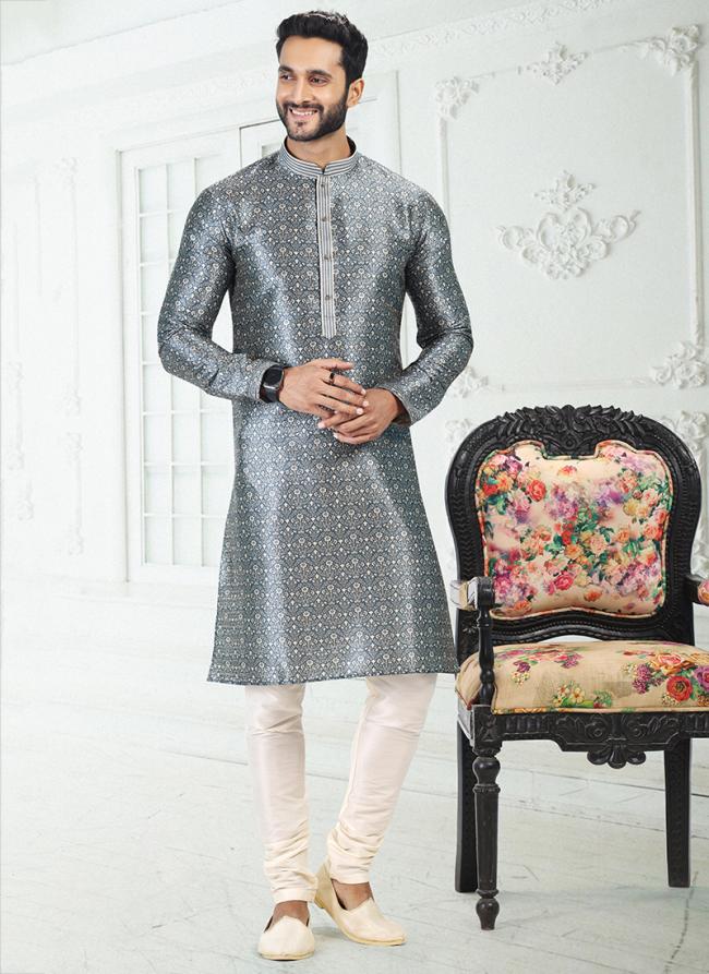 Grey Banarasi Silk Traditional Wear Digital Printed Kurta Pajama