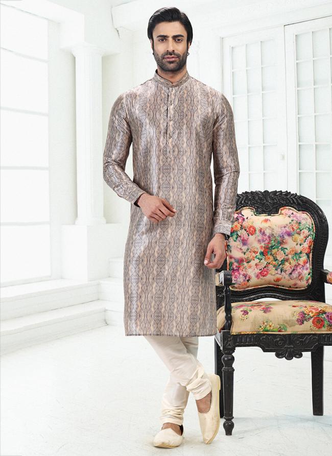 CREAM-GRAY Banarasi Silk Traditional Wear Digital Printed Kurta Pajama
