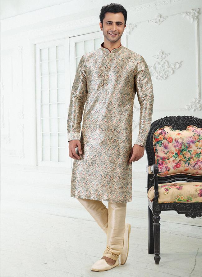 CREAM-GREEN Banarasi Silk Traditional Wear Digital Printed Kurta Pajama