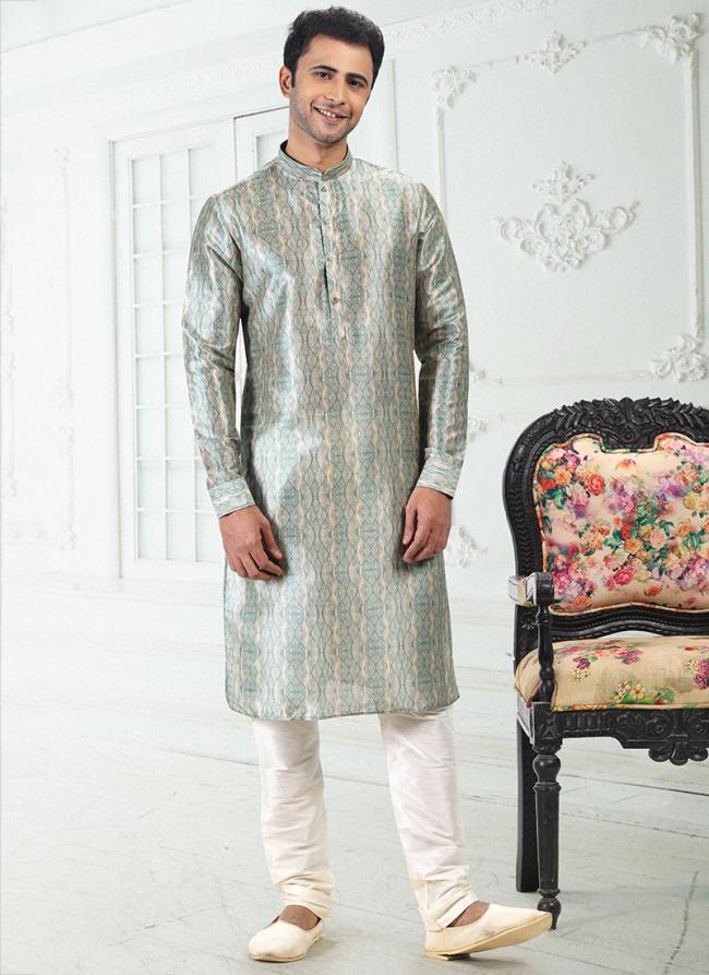 CREAM-TEAL GREEN Banarasi Silk Traditional Wear Digital Printed Kurta Pajama