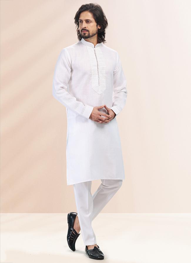 OFF WHITE Cotton Linen Festival Wear Pintux Kurta Pajama