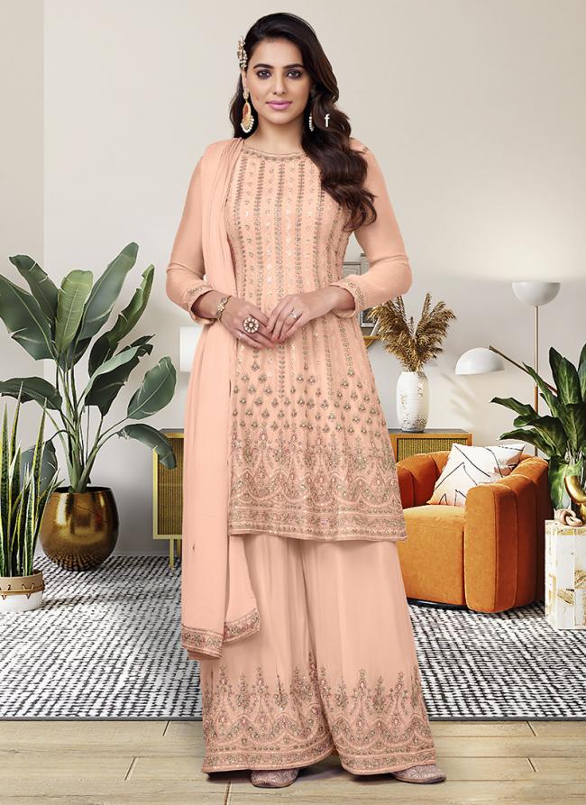 Peach Chinnon Festival Wear Embroidery Work Readymade Salwar Suit