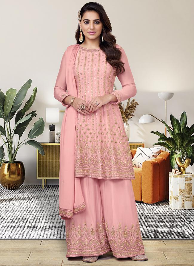 Pink Chinnon Festival Wear Embroidery Work Readymade Salwar Suit