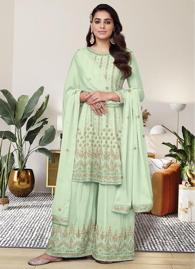 Pista Green Chinnon Festival Wear Embroidery Work Readymade Salwar Suit