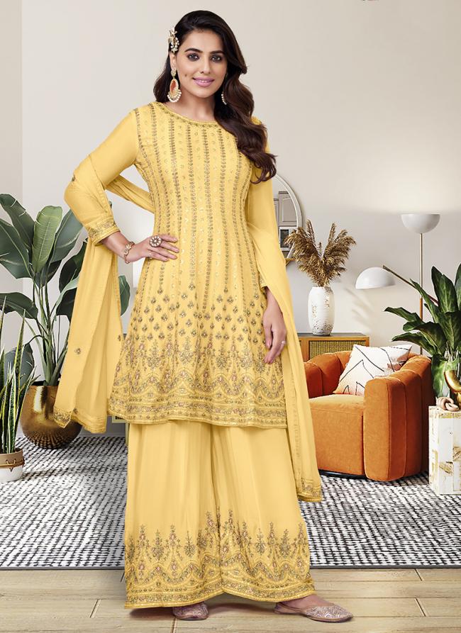 Yellow Chinnon Festival Wear Embroidery Work Readymade Salwar Suit