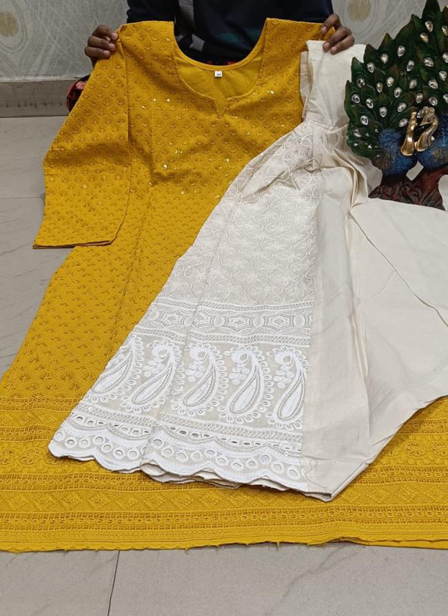 Mustard Cambric Cotton Festival Wear Sequins Work Kurti With Sharara