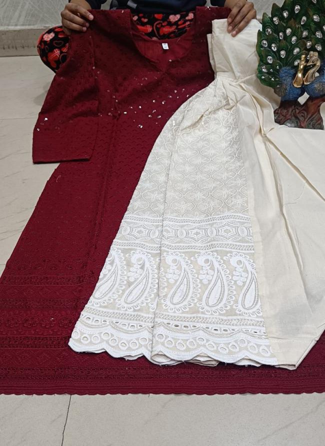 Maroon Cambric Cotton Festival Wear Sequins Work Kurti With Sharara