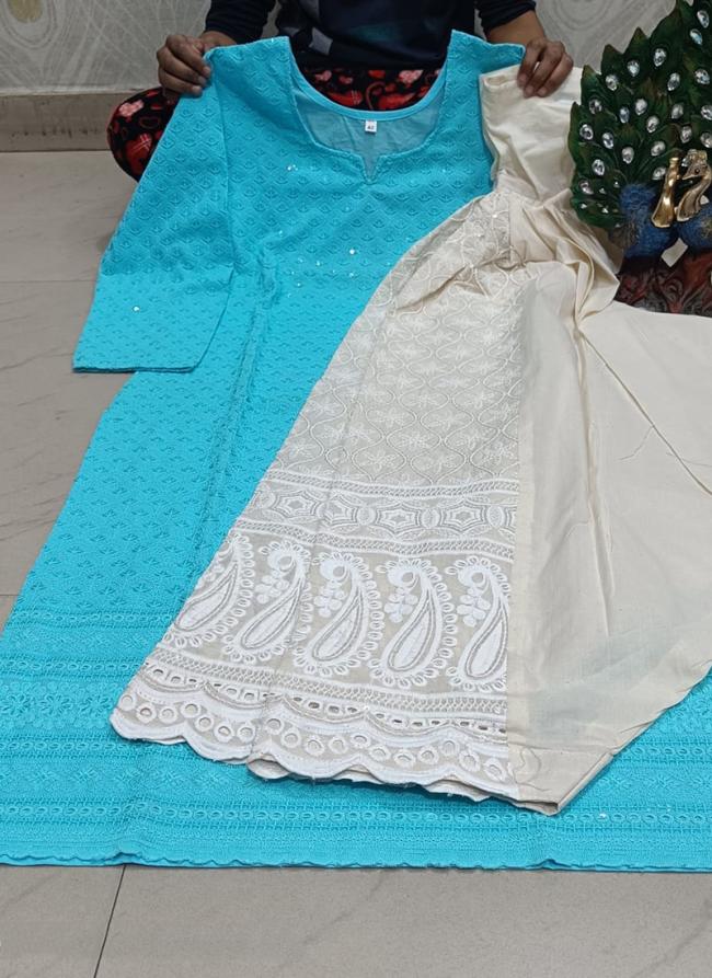 Sky Blue Cambric Cotton Festival Wear Sequins Work Kurti With Sharara