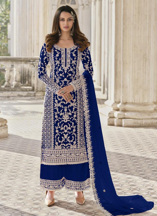 Blue Net Eid Wear Cording Work Palazzo Suit