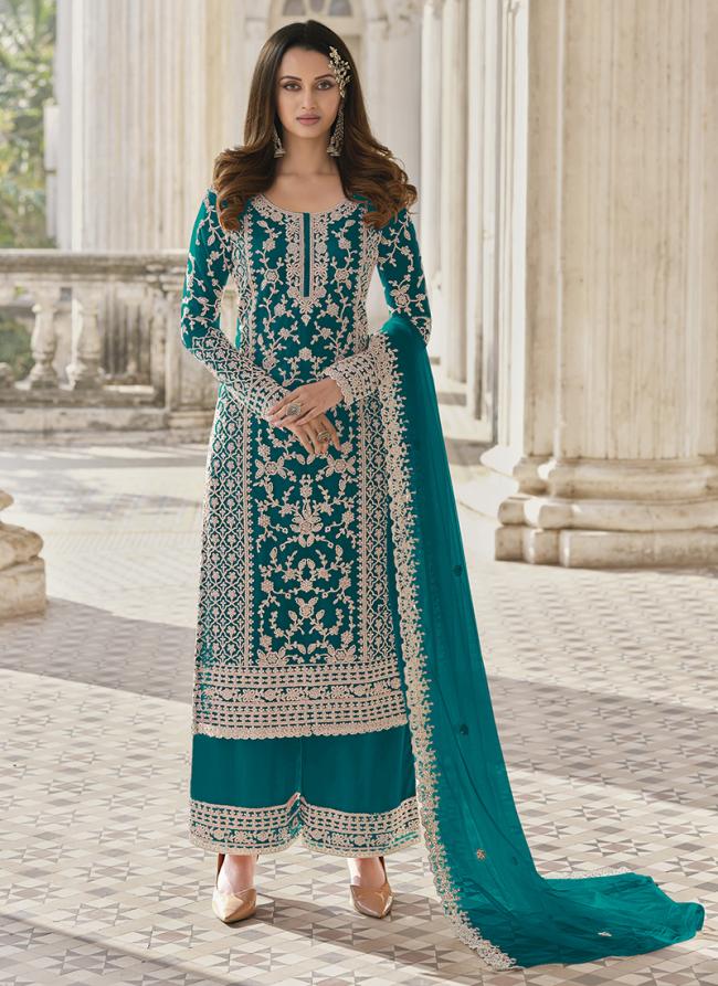 Firozi Blue Net Eid Wear Cording Work Palazzo Suit