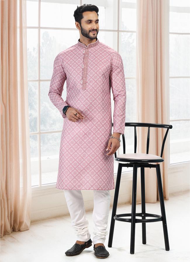 Dark pink Cotton Traditional Wear Thread Work Kurta Pajama