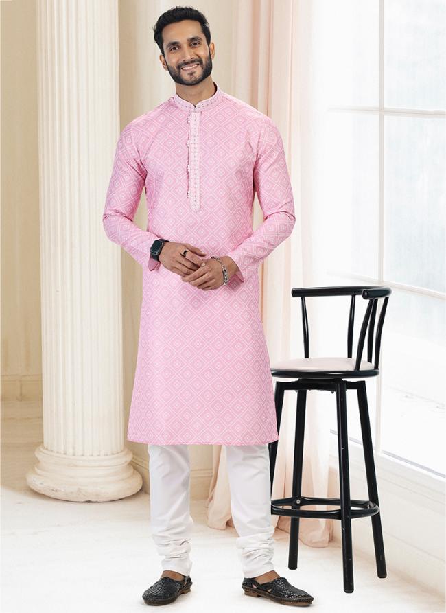 Pink Cotton Traditional Wear Thread Work Kurta Pajama