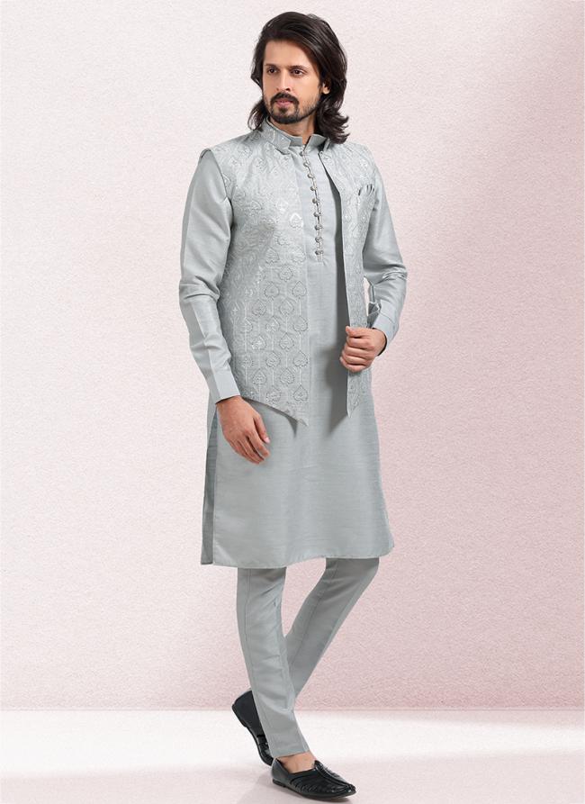 Grey Art Silk Festival Wear Thread Work Kurta Pajama With Jacket