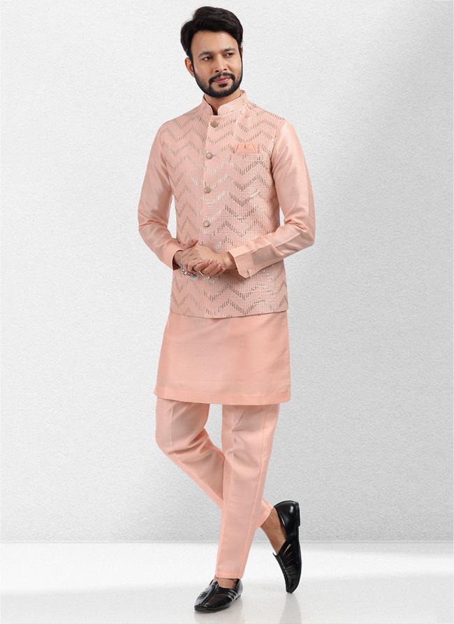 Peach Art Silk Festival Wear Thread Work Kurta Pajama With Jacket