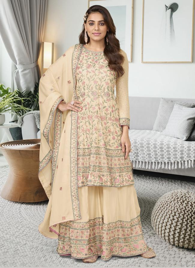 Cream Chinnon Eid Wear Embroidery Work Readymade Salwar Suit