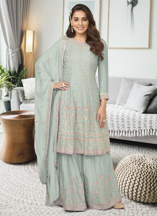 Sky Blue Chinnon Eid Wear Embroidery Work Readymade Salwar Suit