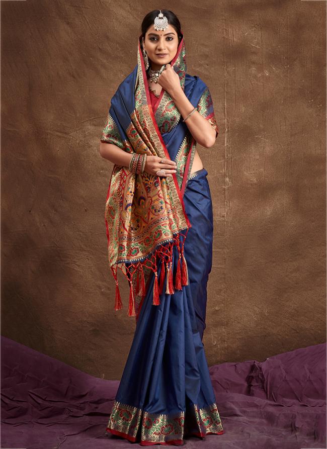 NAvy Blue Banarasi Silk Festival Wear Weaving Saree