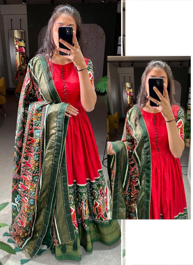 Red Silk Festival Wear Weaving Gown With Dupatta