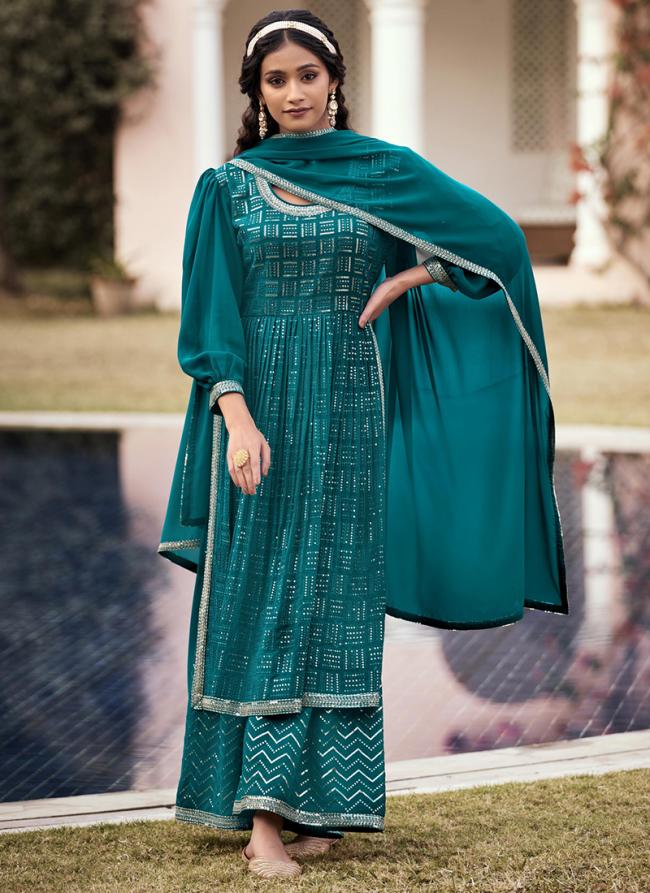 Firozi Georgette Eid Wear Embroidery Work Readymade Salwar Suit