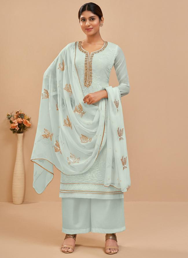 Turquoise Blue Georgette Festival Wear Thread Work Salwar Suit