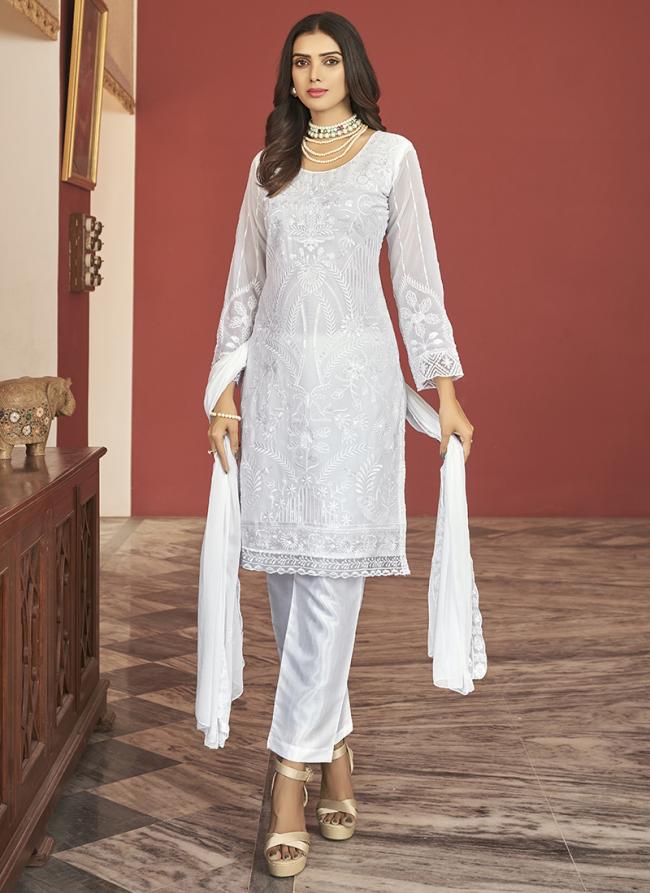 White Faux Georgette Eid Wear Embroidery Work Salwar Suit
