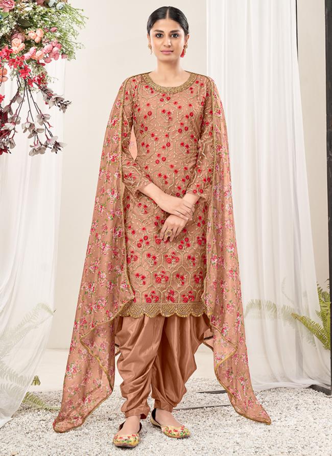 Peach Net Traditional Wear Embroidery Work Patiyala Suit