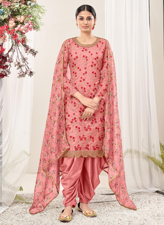 Pink Net Traditional Wear Embroidery Work Patiyala Suit