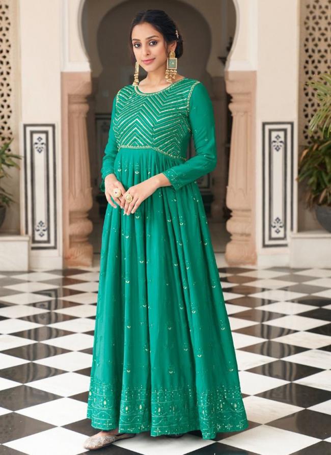 Green Georgette Party Wear Embroidery Work Readymade Salwar Suit