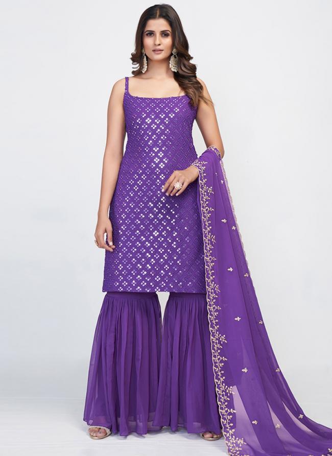 Purple Georgette Wedding Wear Thread Work Readymade Salwar Suit