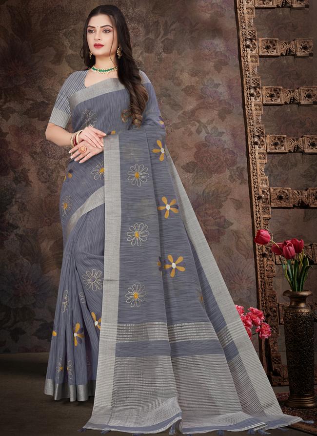 Grey Linen Festival Wear Embroidery Work Saree