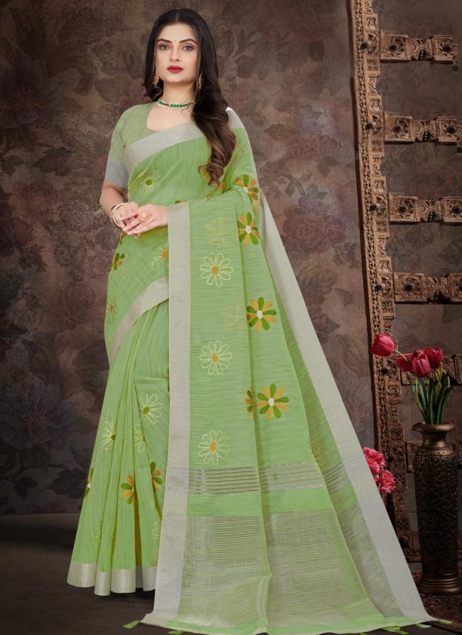 Light Green Linen Festival Wear Embroidery Work Saree