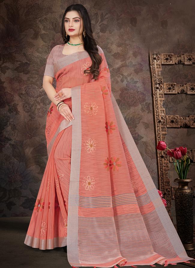 Peach Linen Festival Wear Embroidery Work Saree