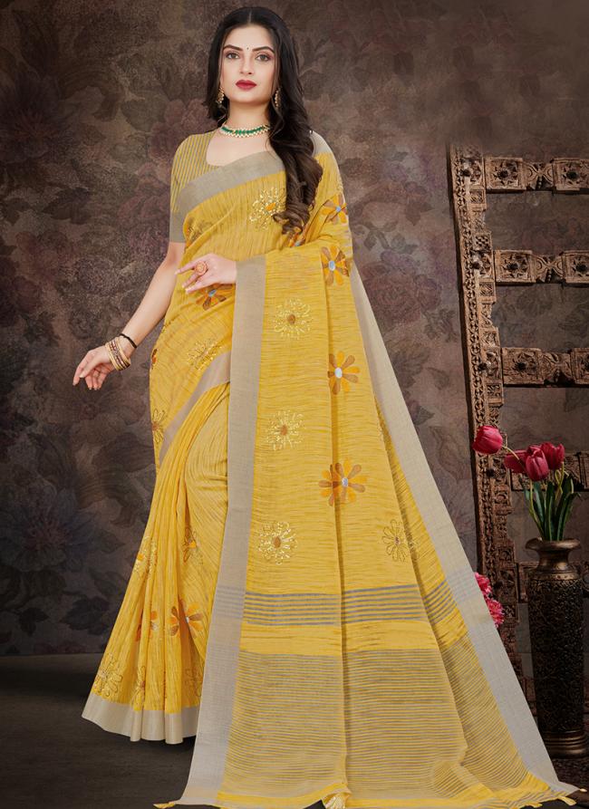 Yellow Linen Festival Wear Embroidery Work Saree