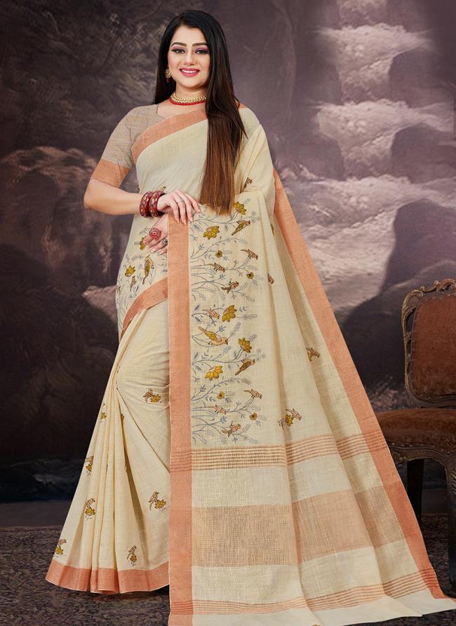 Cream Linen Festival Wear Zari Border Saree