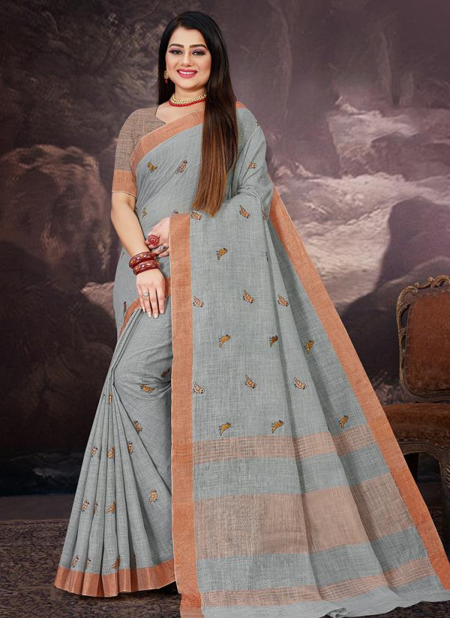 Grey Linen Festival Wear Zari Border Saree