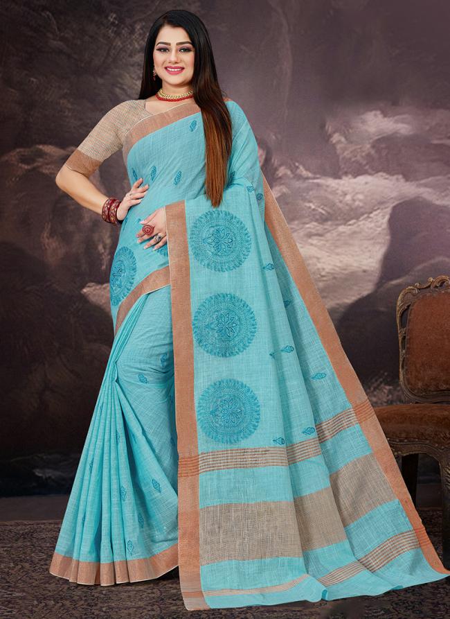 Light Blue Linen Festival Wear Zari Border Saree