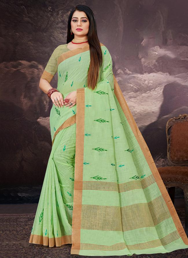 Pista Green Linen Festival Wear Zari Border Saree