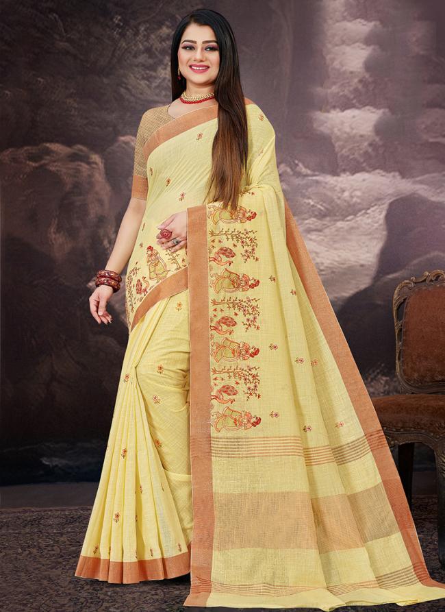 Yellow Linen Festival Wear Zari Border Saree