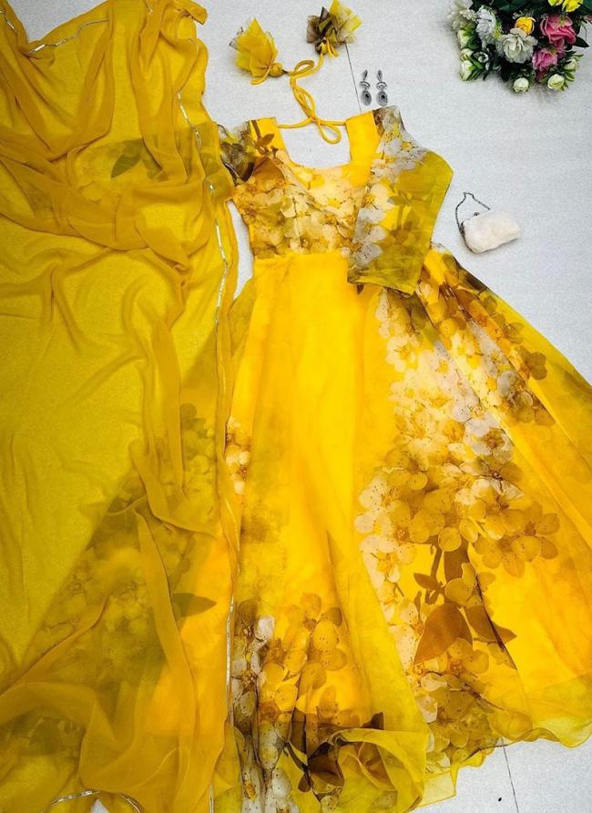 Yellow Organza Casual Wear Digital Printed Gown With Dupatta