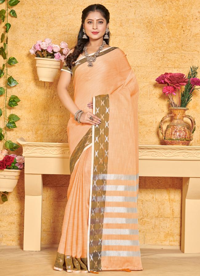 Peach Linen Festival Wear Weaving Saree