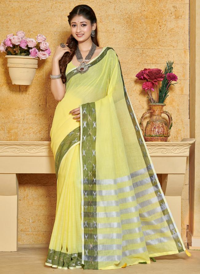 Yellow Linen Festival Wear Weaving Saree