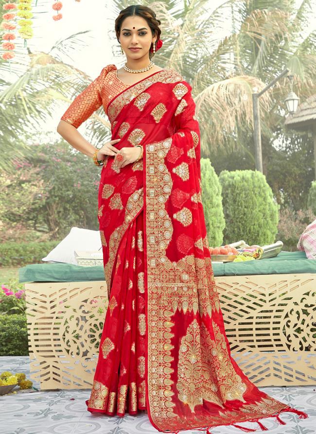 Red Organza Traditional Wear Weaving Saree