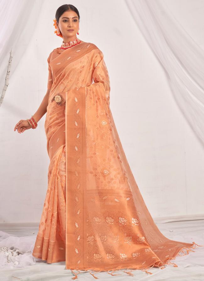 Peach Organza Party Wear Weaving Saree